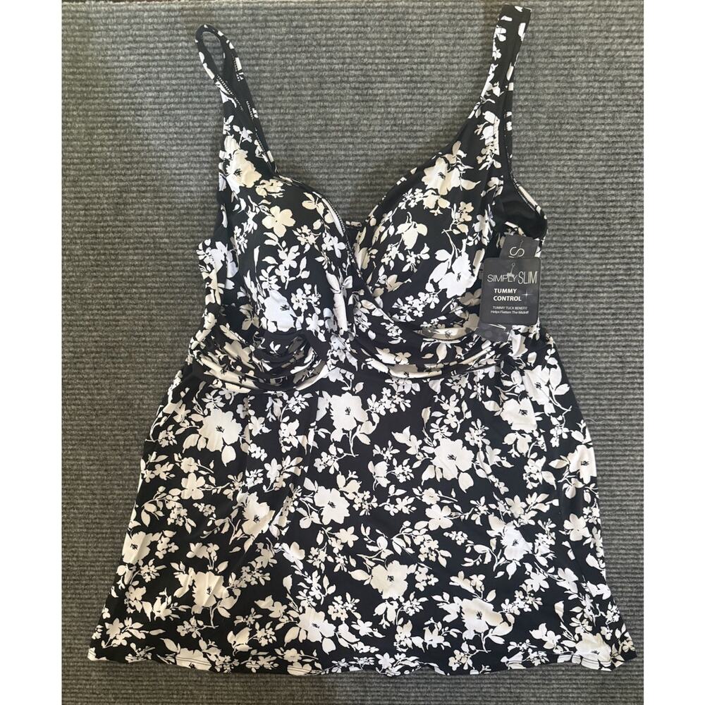 Simply Slim Black White Floral Tummy Control One Piece Swimsuit Plus Size 3X NWT